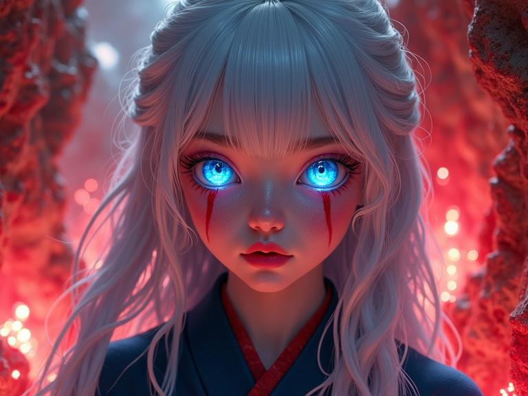 Surrealism art of a young female character with large blue eyes and long silver hair. She has red stripes and pale skin. Patches of red crystals extend from her skin. Dressed in a navy kimono standing in a cave filled with glowing red crystals and white particles.