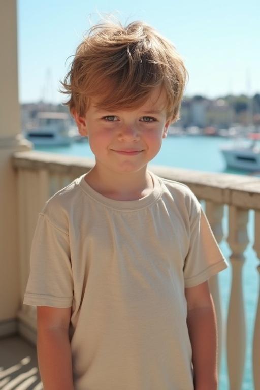 A young boy stands on a balcony wearing a long T-shirt. He has short tousled light brown hair. Scene shows a sunny harbor in Normandy. The atmosphere is peaceful and quiet.