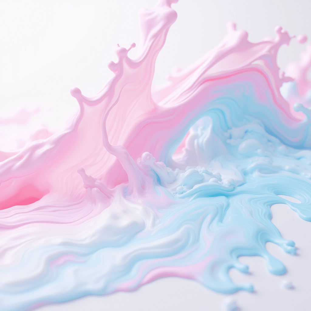 A vibrant splash of pastel pink and blue paints creating intricate swirls and textures on a white background.