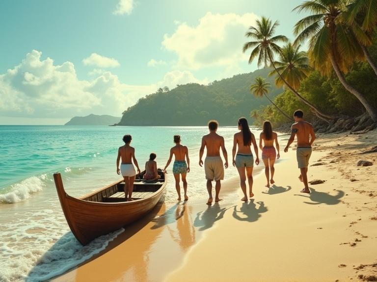 Scene features group of seven young adults stepping off wooden boat onto sandy beach. Calm ocean with clear water and gentle waves. Bright sky with sunlight and clouds. Group appears curious and alert. Some helping each other off the boat. Others looking at palm trees and forest ahead. Atmosphere is peaceful, cinematic, magical, suggesting a new adventure.