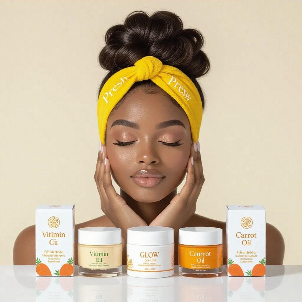 A Nigerian woman in her twenties poses with closed eyes. She has glowing skin and a peaceful expression. Wearing a yellow headband with 'Presh Glow'. Hair styled in a textured bun. Hands framing her face. Three products displayed in front. White and orange packaging. Clean bright background.