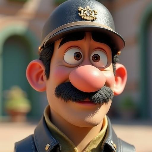 Character with mustache wearing a uniform and plate cap. Designed in Pixar 3D style.