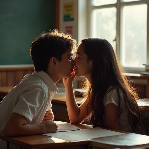 A soft light filters through the classroom window. Shadows cast on wooden desks and chalkboard. A girl leans in to kiss a boy, her hand on his cheek. Their expressions show affection, capturing youthful romance. Background includes vintage textbooks and posters, typical of Eastern European classrooms.
