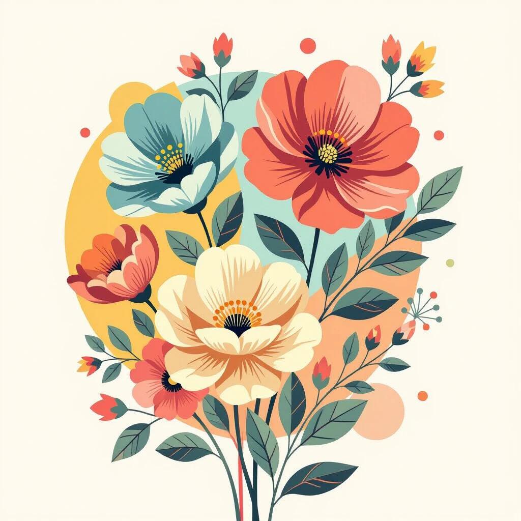 Vibrant modern graphic design features bold flower patterns and oversized blossoms with delicate florals using high-contrast colors. It uses a fresh spring palette and pastel backgrounds along with geometric elements and artistic brushstrokes. The design balances nostalgia and futurism while suitable for textiles and wall art. Layered transparency and negative space create a playful effect.