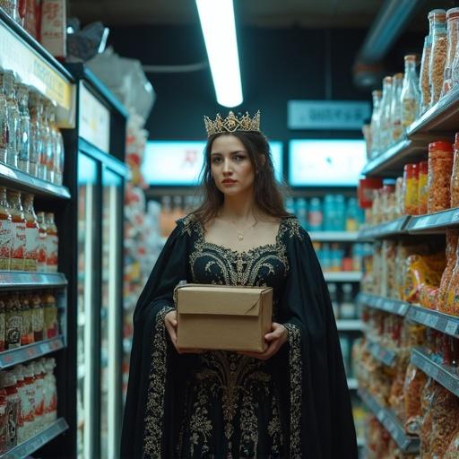 Regal medieval queen dressed in an elaborate gown and jeweled crown. Performing stock replenishment at a modern convenience store late at night. Holding a box of snacks surrounded by shelves filled with bottled drinks and instant noodles. Fluorescent lighting, photorealistic and cinematic lighting.
