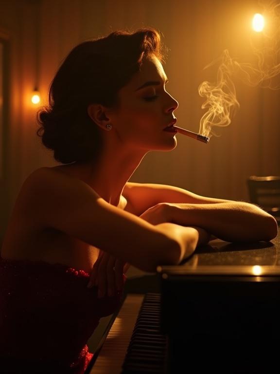 Sultry portrait of a jazz lounge singer. Glamorous 1950s style. Leaning on a grand piano. Cigarette between lips. Smoke curling. Warm golden light illuminates. Dramatic shadows. Shallow focus as if shot with 85 mm lens. Vintage color grading with subtle grain.