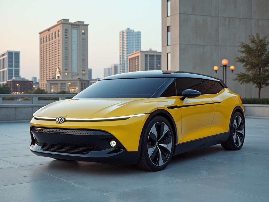 A modern yellow Volkswagen mini electric car parked outdoors. The car has a sleek design and is set against an urban backdrop with tall buildings and soft lighting. The atmosphere conveys a sense of innovation and eco-friendliness.