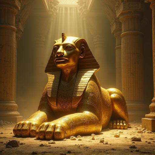 Colossal golden sphinx in dark ancient temple. Carved from radiant gold with intricate engravings and inscriptions. Serene face with glowing eyes. Vast, shadowy temple with cracked pillars and dim light. Dust particles catching light. Mysterious atmosphere with magical symbols glowing softly.