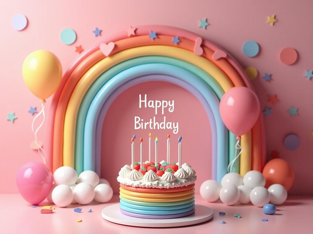 A colorful birthday scene with a rainbow cake, balloons, and a cheerful background.