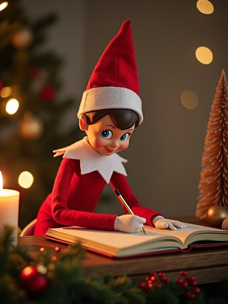 Elf on the shelf is writing in a book. The scene is Christmas themed. The elf wears a red outfit and a hat. There is ambient light and Christmas decorations in the background.