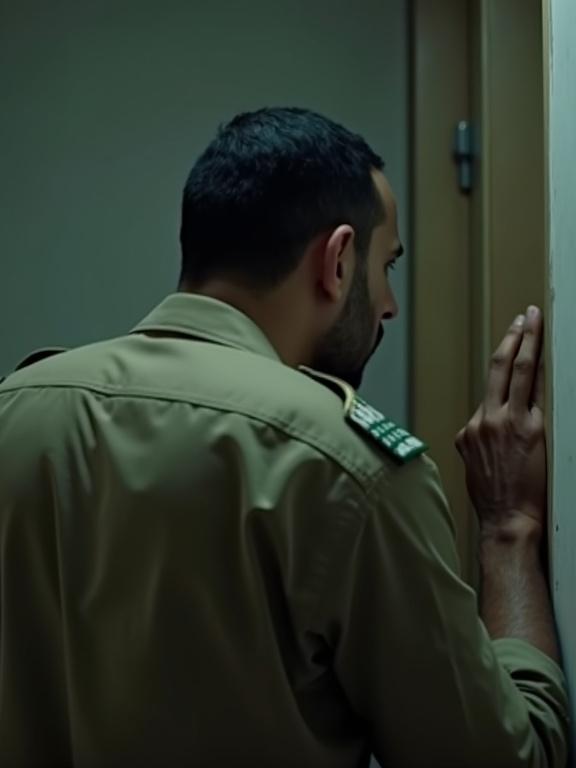 Rear view of a Kuwaiti officer in khaki lean forward angry during an interrogation. Military insignia appears faintly. Cold lighting creates tension with shallow depth of field focusing on suspect's profile.