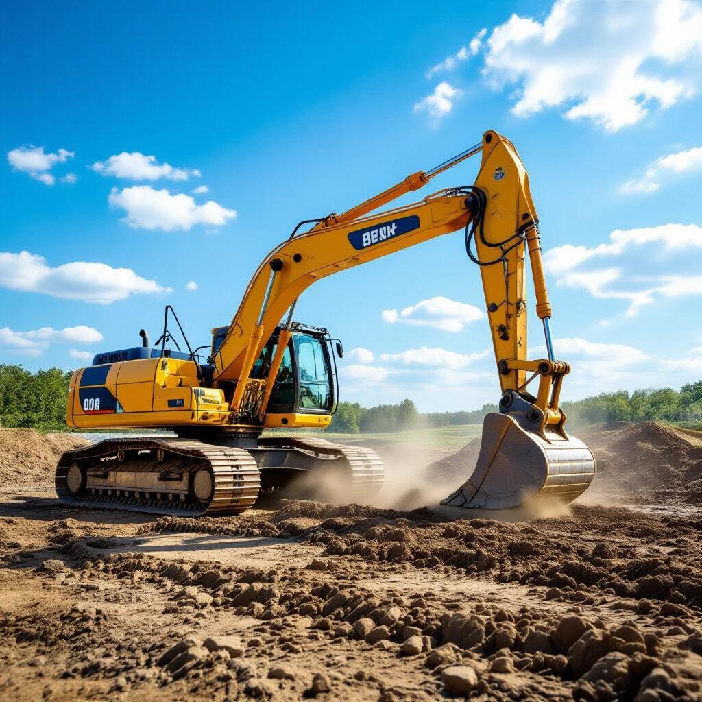 Yellow hydraulic excavator digging and moving earth on construction site. Clear blue sky above with visible dust and motion effects.