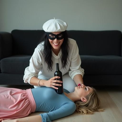A confident woman in a Zorro mask kneels on the floor holding a wine bottle. She smiles as she sits on another woman lying on the floor. The scene is set in a minimalist room with a black sofa. The second woman appears defeated in a pink skirt and blue shirt.