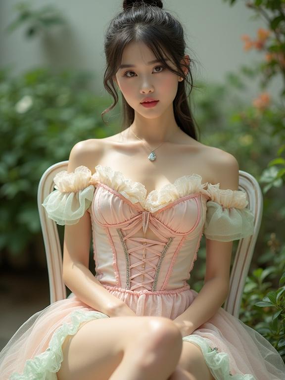 Full body shot of a lady in a frilly pastel outfit. Sitting with legs open on a chair. Facing the camera. Corset top with lace and frills. Pink, cream, and mint green shades. Sweetheart neckline and off-shoulder design. Vintage fairytale feel. Hair tied up. Beautiful legs visible. Serene expression. Pale pink stockings with rose embroidery garters. Soft indoor light and greenery background. Vintage aesthetic.