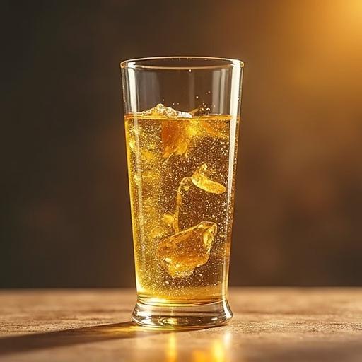 A 3D cup with a glassmorphism effect. The glass contains a sparkling beverage. Text in the glass says - GOLD HOUR -.