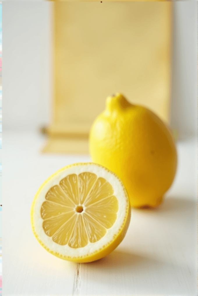 A fresh lemon cut in half sits elegantly on a white wooden table with a whole lemon in the background.