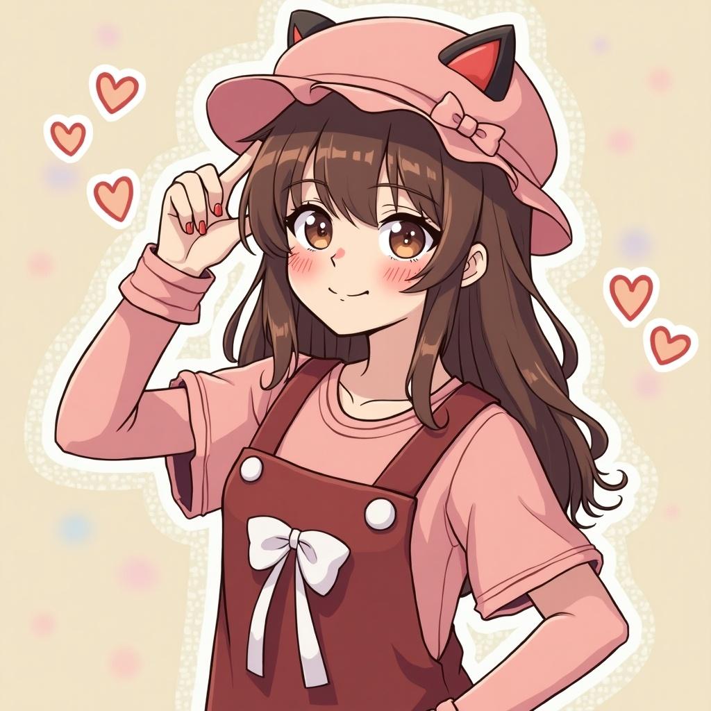 A girl in jellyart style. She wears a pink hat with cat ears and a pink shirt. A brown overall with a white bow is worn. She poses playfully with hearts around her.