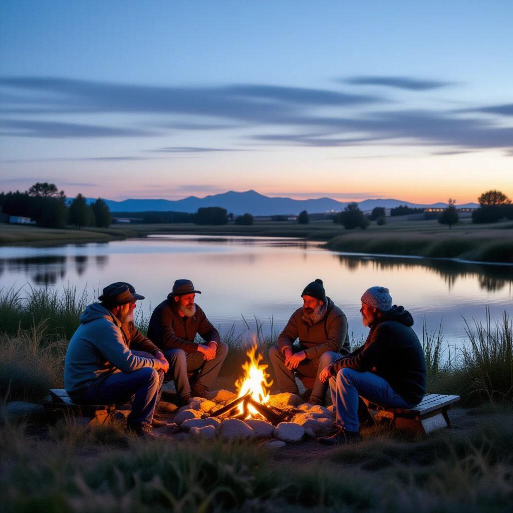 Gathering of friends around a campfire by a lake during twilight. Calm water reflecting the colors of the sky. Mountains in the background. Friends engaged in conversation around the fire.