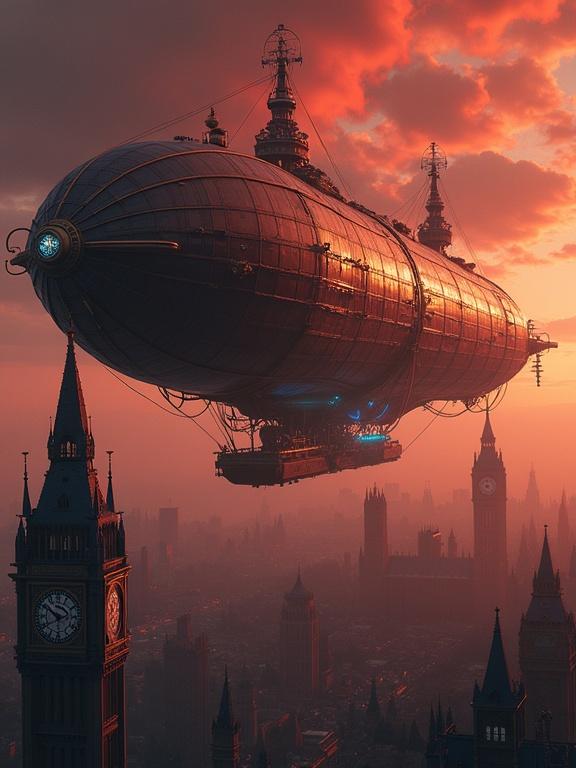 Majestic steampunk airship with leather-bound cabins and polished brass accents soaring through deep crimson sky. Thick, billowy clouds above sprawling Victorian metropolis with Gothic spires and clockwork towers. Hyperdetailed rendering with dramatic lighting and intricate textures.