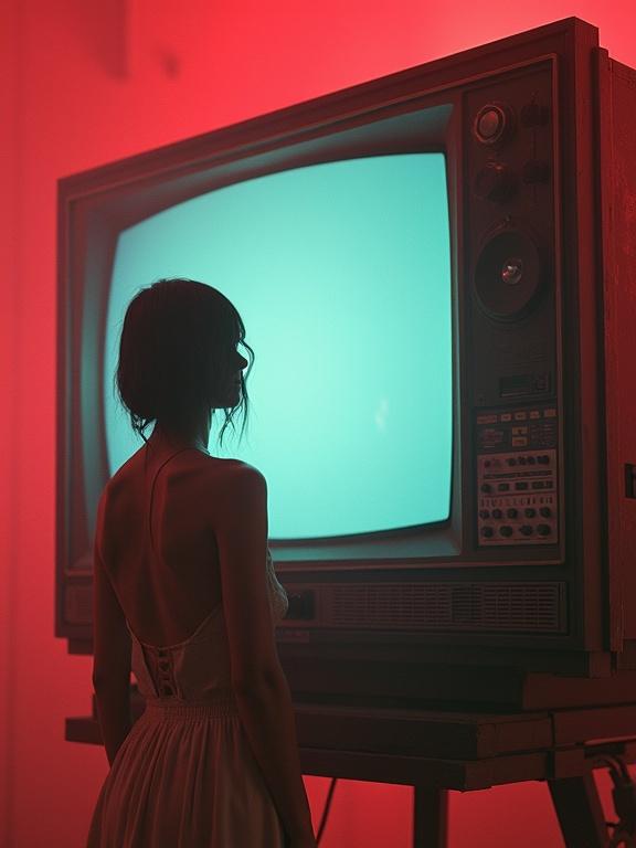 A female character stands in front of a large retro television. The scene is engulfed in a ruby red haze. The atmosphere is tinged with fog and glitch effects. The lighting is volumetric and dramatic. The background appears desaturated. The television screen glows with a striking cyan color.