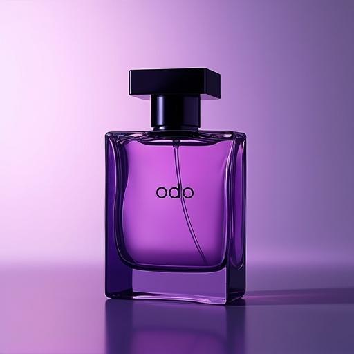 An elegant modern perfume bottle in a rich purple hue. The bottle is rectangular with smooth edges and a minimalistic design. The brand name 'odo' is printed in a stylish font on the front. The background is softly lit to enhance the glass texture and color of the bottle.