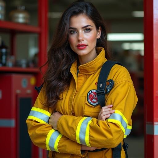 Portrait of a female firefighter with brunette hair and hazel eyes. Deep red lips and heavy freckles enhance her features. She stands confidently in a firefighter uniform at the fire station. The image captures her full body from head to boots, showcasing her professional attire and stance.
