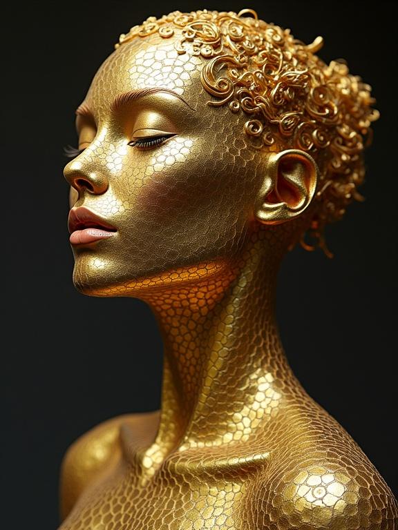 Sculpture with a shiny golden texture and intricate patterns. Head and shoulders visible. Short curly hair. Elegant facial features. Dark background enhances the shine.