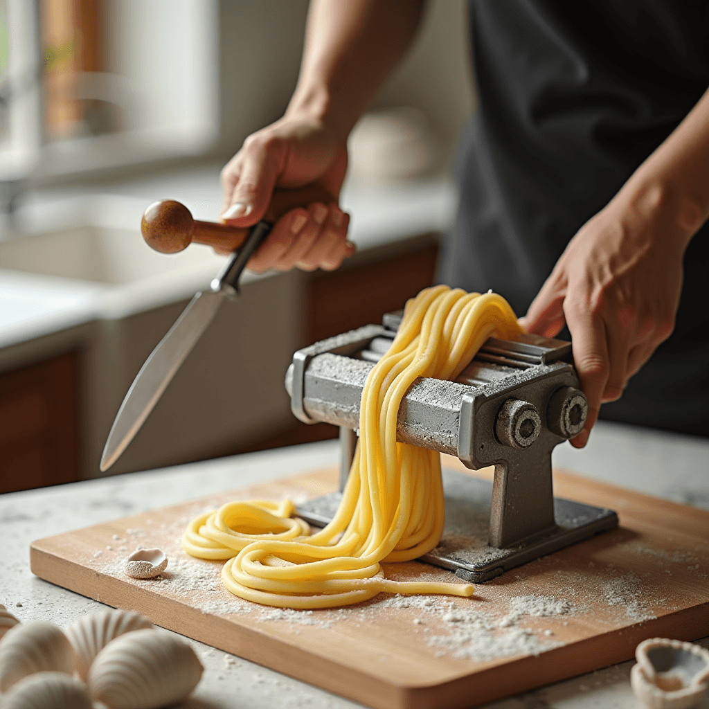 A person uses a pasta machine to cut and shape fresh dough on a wooden board, creating long, uniform noodles dusted with flour.