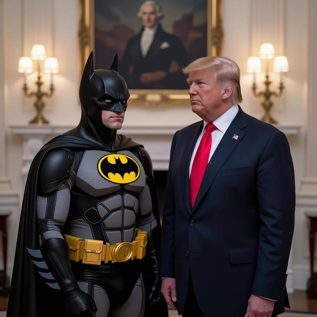 Batman character in costume stands next to a figure in a formal suit. Indoor setting features a classic painting in the background. Batman's iconic colors are prominently displayed. Subjects in profile view against a softly lit room.