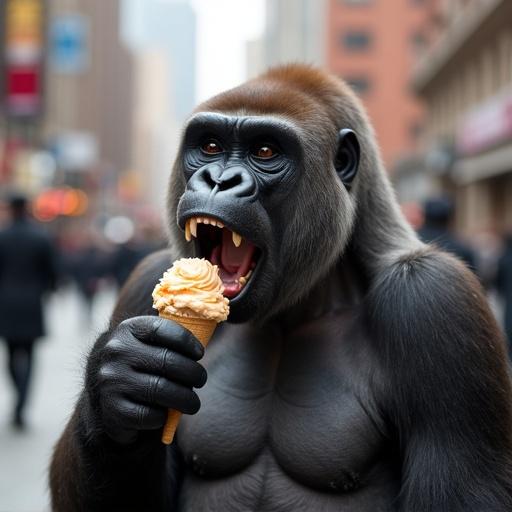 A gorilla is eating ice cream in a busy city street surrounded by blurred pedestrians.