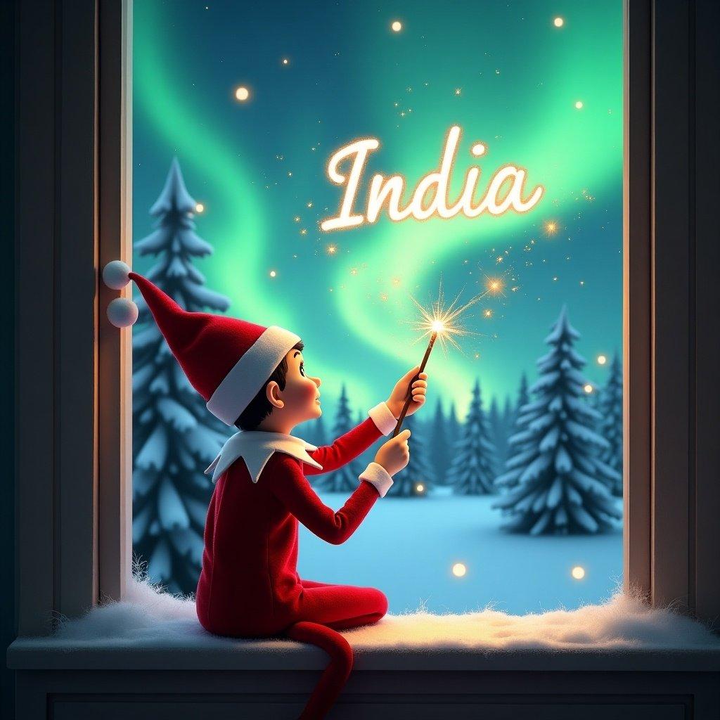 An elf on the shelf sits on a window ledge. The elf has its back turned. It uses a magical wand. Twinkling sparks create the name 'India' in the air. The elf wears a red outfit with white trim. Outside, northern lights illuminate the scene. Snow-covered pine trees add to the winter atmosphere.