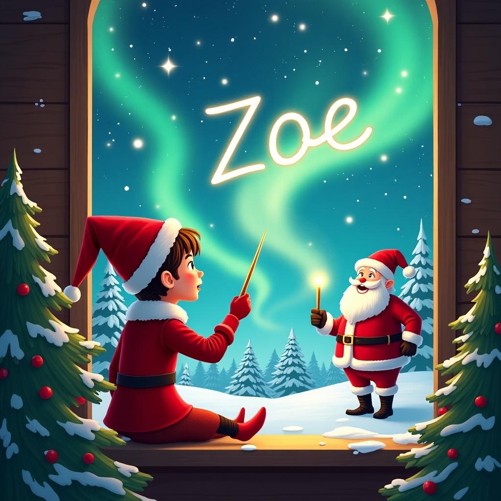 The image depicts an enchanting Christmas scene with an elf on the shelf seated by a window, facing the sky. The elf, dressed in a red costume, holds a magic wand and writes the name 'Zoe' in the air. In the background, there's a magical display of northern lights alongside Santa Claus, who is also using a wand for writing. The scene is filled with festive trees and shimmering snow, creating a whimsical atmosphere. It's a perfect illustration capturing the magic of Christmas and the joy of the holiday season.