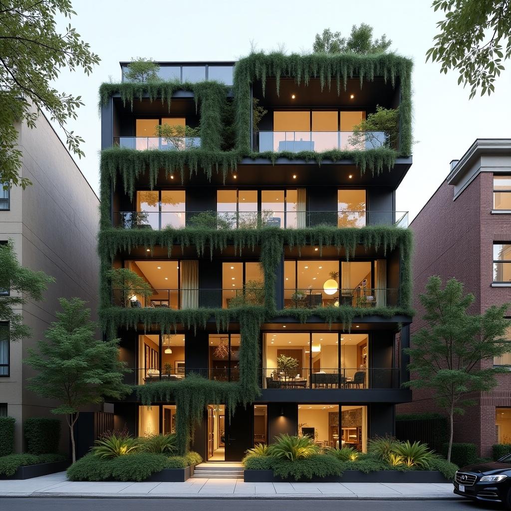 Modern New York townhouse with 6 floors. Right half features modern window design. Left half has cascading garden style.