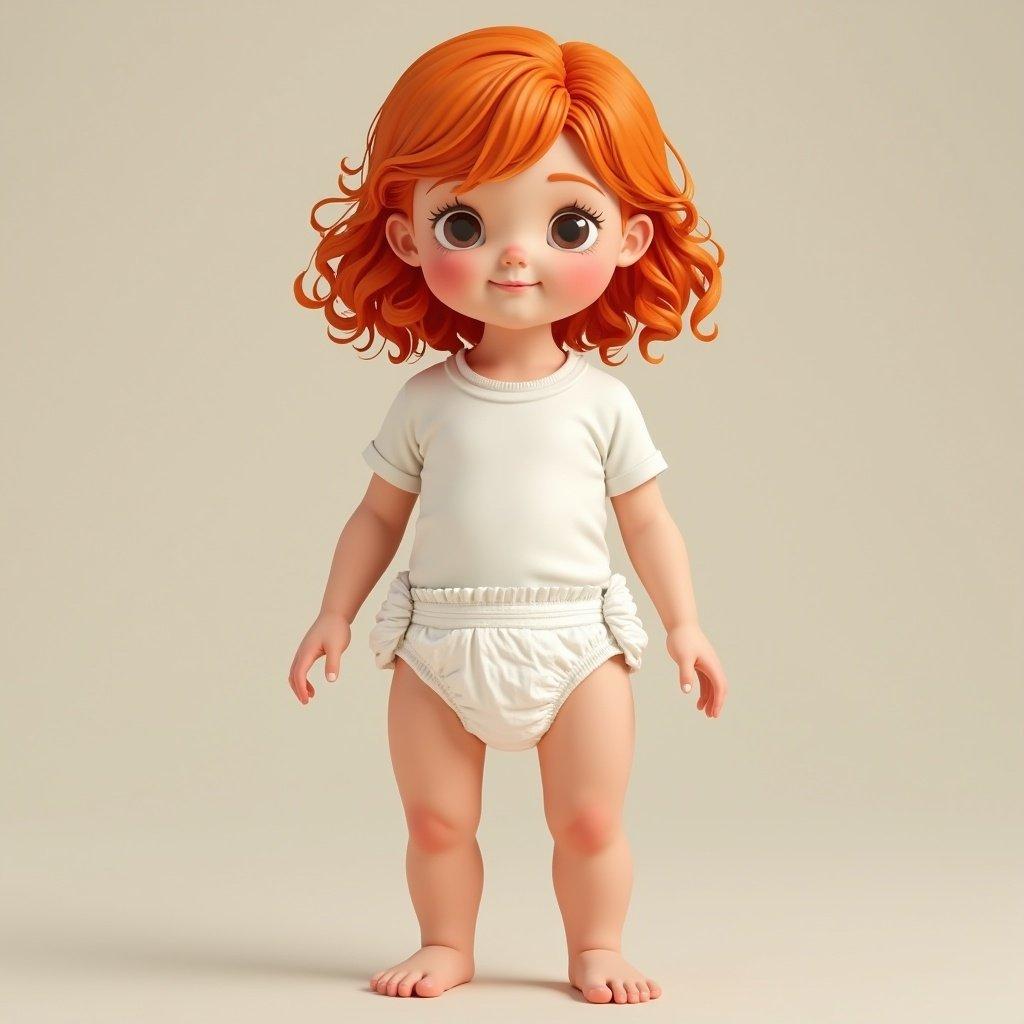 A girl stands with vibrant orange hair. She wears a simple white t-shirt and diapers. The pose is playful and inviting. The girl has soft features and is captured in a full body shot.