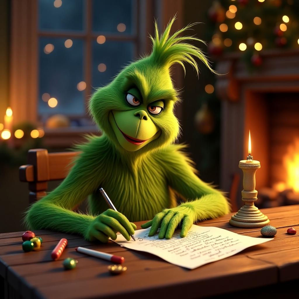 The Grinch writing a letter in a cozy, Christmas-themed room.