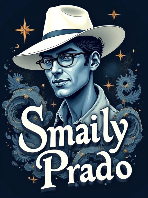 Stylized logo of a fictional author named Smaily Prado with a soft smile. Illustration of a young white man wearing a white fedora and glasses. Clean face surrounded by swirling elements of science fiction, fantasy, stars, floating books, and cosmic energy. Painterly style with organic and futuristic motifs. Name 'Smaily Prado' below in elegant font with white or golden letters and subtle glow. Color palette of deep blues, silver, and golden highlights.