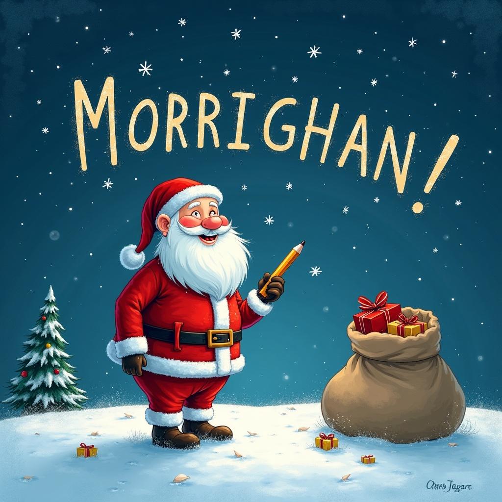 Santa Claus stands on a snowy hill under a starry night sky. He holds a pencil and looks up as he writes names in the sky. A large sack of gifts is nearby. The phrase 'MORRIGHAN!' is displayed in a whimsical font.