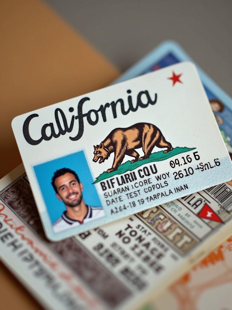 California identification card shown prominently. Features photo of individual. Includes San Francisco county symbols and California flag. Card has bear symbol.