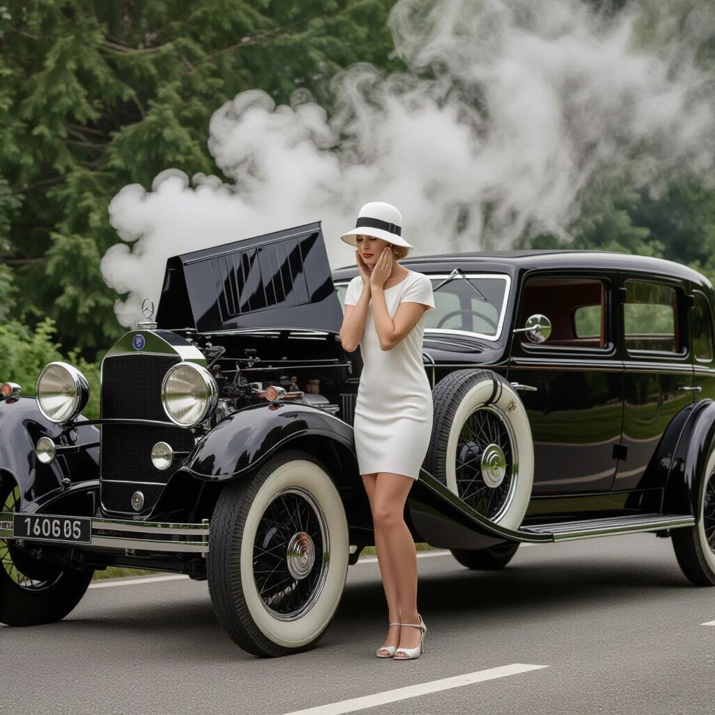 A woman in a white short dress and cloche hat leans on a black Mercedes-Benz 18/100 PS Sportwagen. She presses her palms to her cheeks while looking at the carburetor. The hood has fully opened lateral sections. Steam erupts from the boiling radiator. Background showcases misty mountains during golden hour.