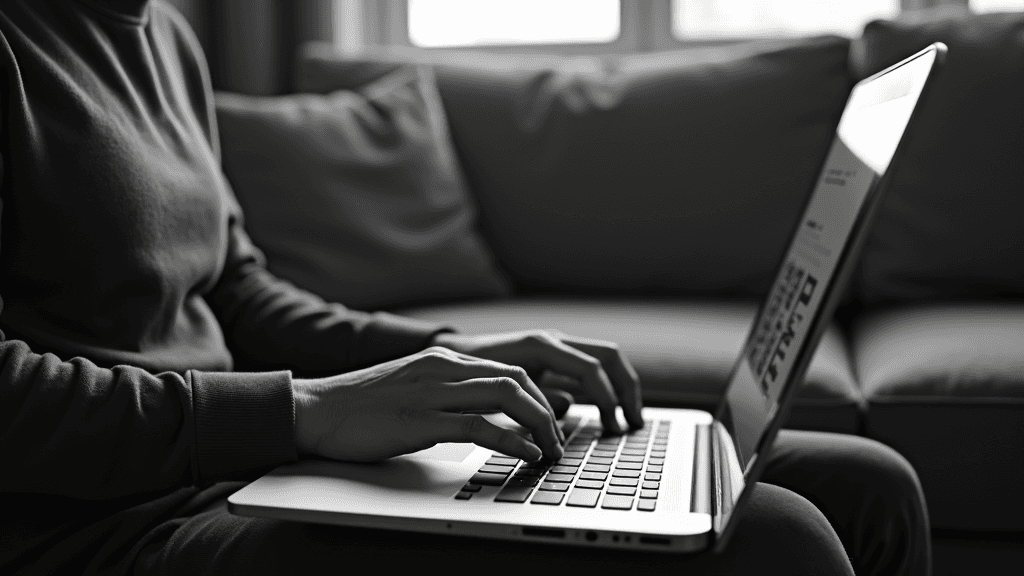 A person in a casual outfit sits on a sofa, intensely typing on an open laptop with a blurred background.