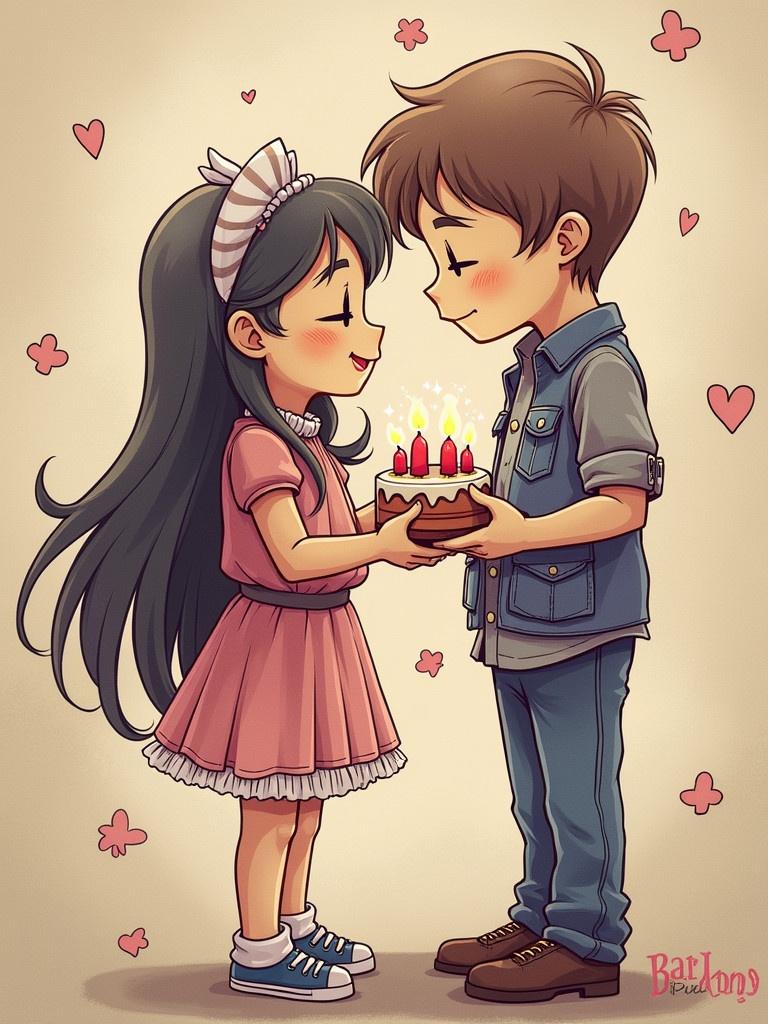 Two children celebrate together. One child holds a birthday cake with candles. The other child is looking at the cake. They stand facing each other. The background is decorated with hearts and a soft color palette.