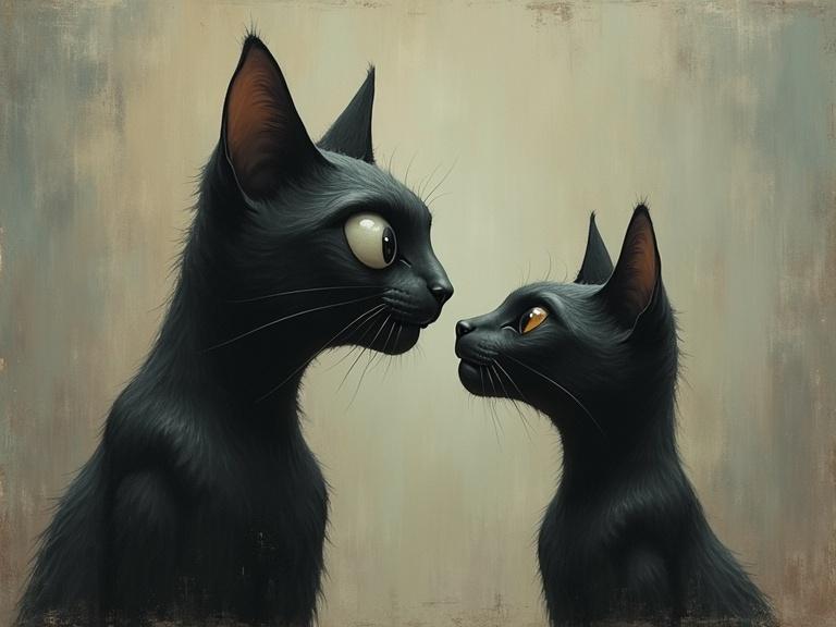 Surreal whimsical painting of two black cats looking at each other. Cats have elongated forms and exaggerated proportions. Large glossy eyes. Background is soft and muted with blended textures. Atmosphere is eerie yet playful.