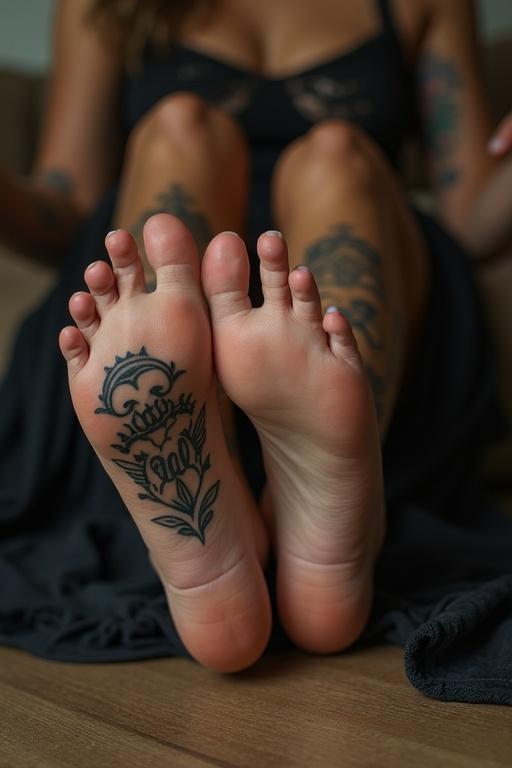 Image of a mature goth woman with visible tattoos on her feet. She is showing her soles clearly. The setting is cozy with soft lighting. The focus is on the detailed tattoos and her feet.