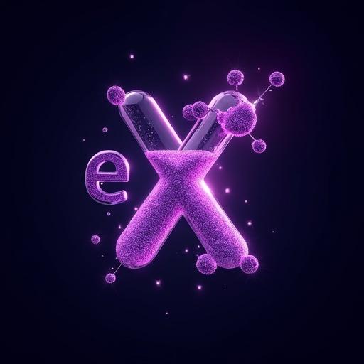 Dynamic diagonal composition featuring "eX" at a 30° angle with "Labs" anchored horizontally in Anton Regular font. "X" is a 3D holographic test tube with purple particles. Molecular structures orbit around the letter "L". Vibrant purple gradient on a black backdrop. Volumetric light rays and glass element scattering effects enhance the visual.