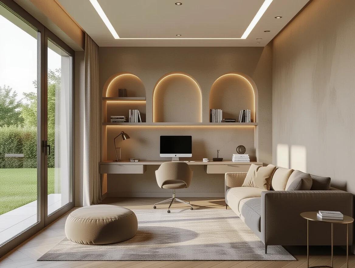 Luxurious ground-floor interior room features four enclosed walls. Recessed layered ceiling provides soft indirect glow through hidden LED lighting. Warm-toned wall textures with matte finish decorate the room. An elegant PC desk setup occupies the center featuring modern monitor and ergonomic chair. To the right, a premium designer sofa upholstered in velvet invites comfort. Nearby, a soft fabric bean bag offers additional seating. A large window on the left reveals a flat green lawn. Soft natural light fills the space. No obstructions are visible outside. Tasteful decorative elements are placed throughout including neatly stacked books, minimal sculptural decor, and an indoor plant. Textured rug lies beneath the sofa and bean bag, complemented by a warm-toned floor lamp. Deep luxury color palette includes earthy neutrals and brass accents. The scene conveys a calm and elegant atmosphere alone in a boutique studio aesthetic.
