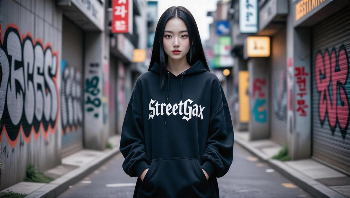 Ultra-realistic full-body photo of a slim East Asian girl in an urban street setting. She has long black hair and is wearing a black oversized hoodie with StreetGax printed. Graffiti walls and street details surround her. The lighting is moody and highlights the hoodie fabric.