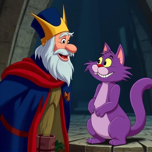 Merlin talks with the Cheshire Cat. Merlin is an elderly man. The Cheshire Cat is purple with a mischievous smile. Characters are in a castle-like setting.