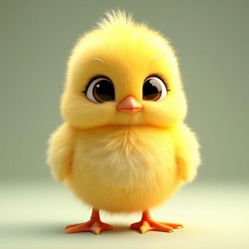 A fluffy baby chick stands upright with a soft round body and oversized glossy cartoon-like eyes in a semi-realistic 3D style. The chick has vibrant yellow fur with ultra-detailed high-fidelity feather rendering. The lighting is soft and studio-style casting smooth shadows. Background features a soft neutral gradient. The chick's expression is cute and innocent, perfect for children's storybooks.