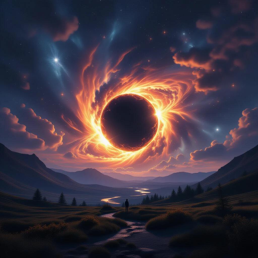 A cosmic event occurs with a black hole at its center. The landscape is dramatically altered by this phenomenon. The scene is hyper-realistic. The image has cinematic qualities and is in 8K resolution.
