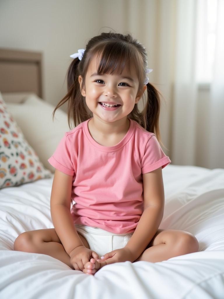 A girl sitting on a bed. She wears a diaper and pink t-shirt. Bed sheets are white. Room has a soft atmosphere. The lighting is natural and gentle.